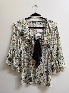 Zara Cream Floral Tie-Neck Ruffle Blouse with Black Bow